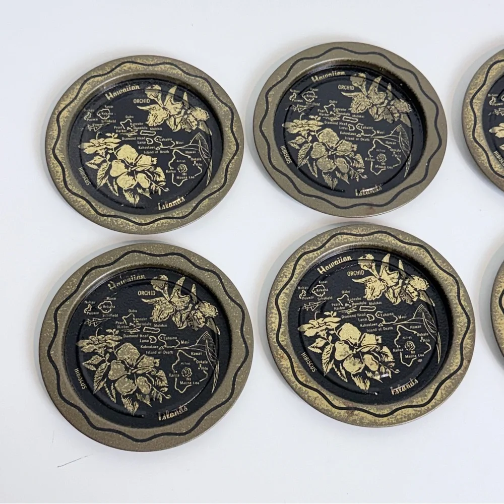 Set of 6 Vintage Aluminum Hawaii Souvenir Coaster Set